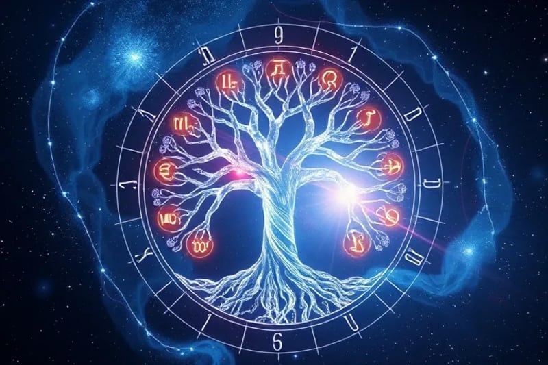 Árbol de la Vida cristalino con símbolos astrológicos