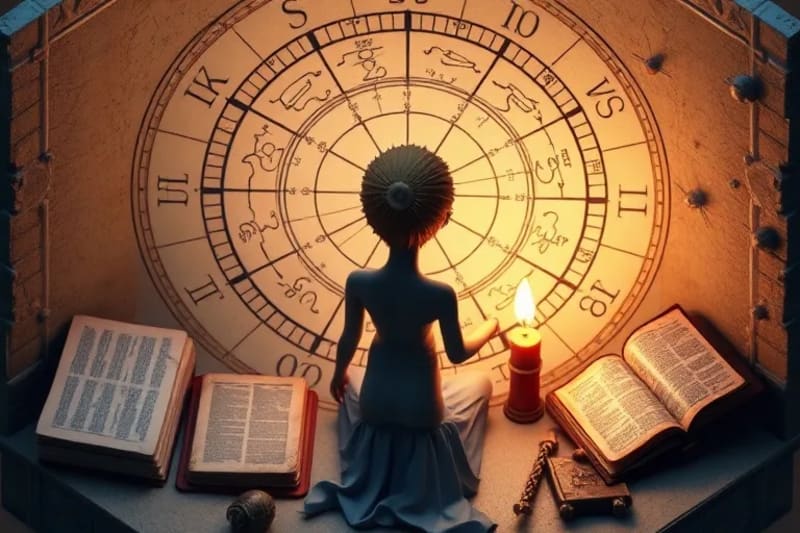 Persona meditando frente a un mapa celestial con textos antiguos
