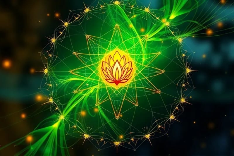 An abstract digital painting of energy flow, with swirling, luminous lines of green and gold intertwining around a stylized, glowing seed, set against a soft gradient of earthy tones and sky blues.