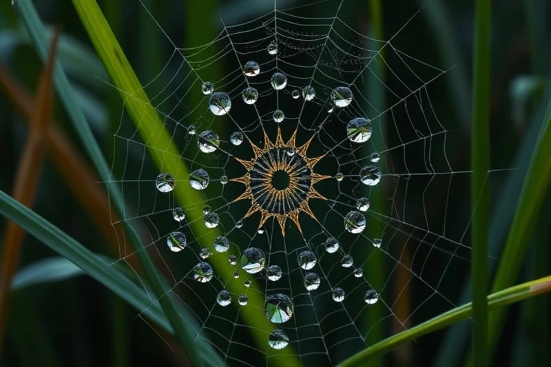 A macro photograph of a delicate spiderweb adorned with morning dew drops, each droplet reflecting a miniature, inverted world. The web is intricately woven between blades of grass, showcasing nature's precision and interconnectedness.