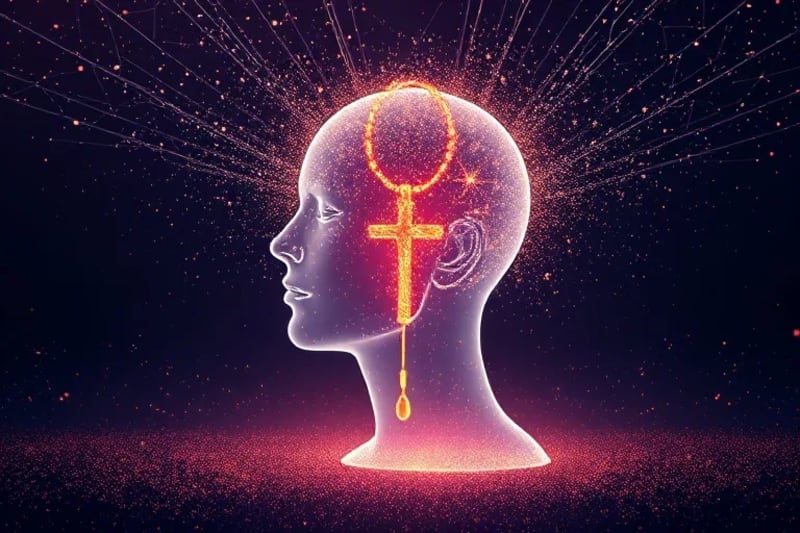 Render 3D de una cabeza humana translúcida con un rosario de luz en su interior, fusionándose con flujos de datos y energía cósmica, representando la interconexión de fe y tecnología.
