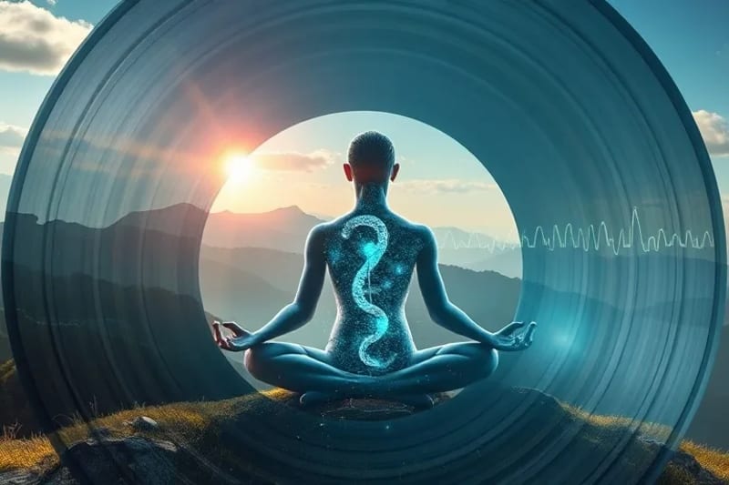 Persona meditando en un entorno natural con datos biométricos holográficos superpuestos, simbolizando bienestar holístico y tecnología.