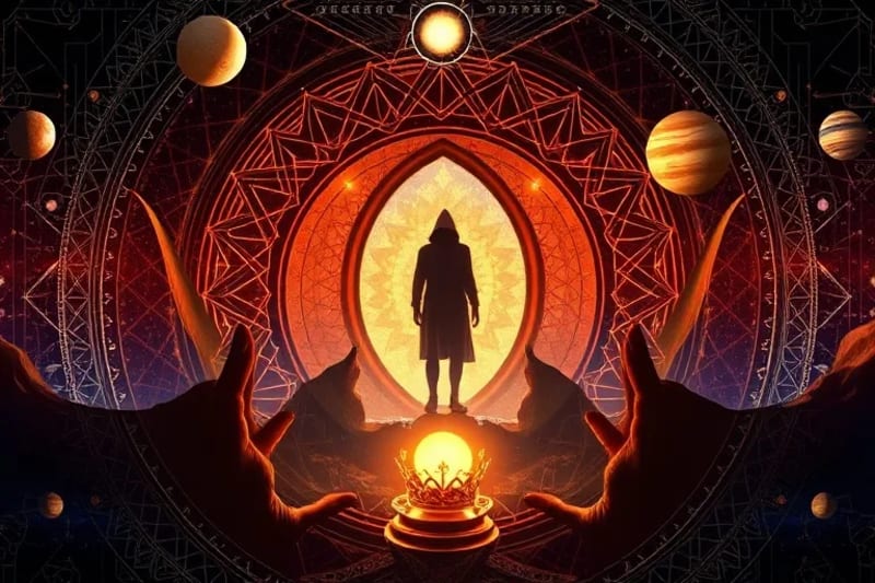 Digital painting of planetary symbols casting shadows on a cosmic landscape, reflecting a distorted figure in a mirror surrounded by archetypal objects like a crown and a mask.