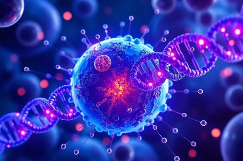 Representación estilizada de una célula humana con estructuras moleculares y nanopartículas, enfatizando la reparación celular.