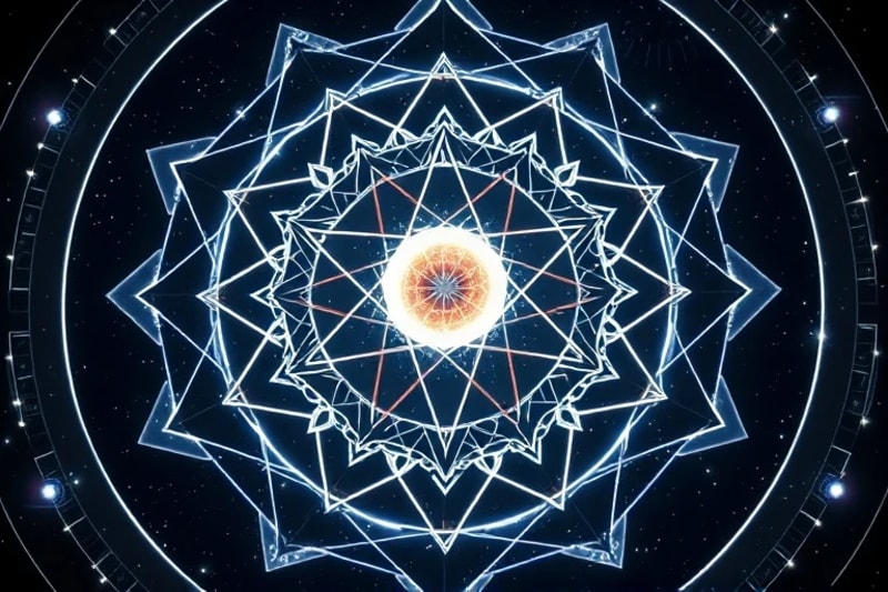 Abstract 3D render of interlocking geometric shapes, some luminous, others dark, forming a complex structure with a central glowing sphere connected by threads of light to subtle archetypal forms.