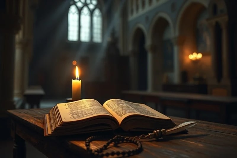Una vela encendida ilumina un manuscrito antiguo y un rosario en un escritorio de madera, simbolizando el estudio y la devoción monástica