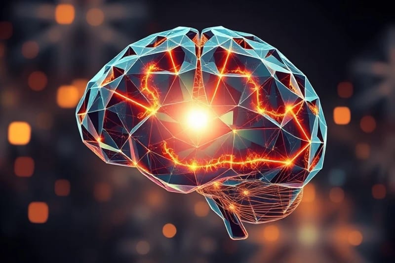 Representación digital de un cerebro con conexiones neuronales brillantes, contrastando con una luz serena en el centro, simbolizando la paz interior en la era digital