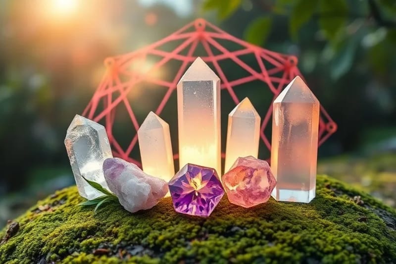 Arreglo artístico de cristales luminosos en un entorno natural