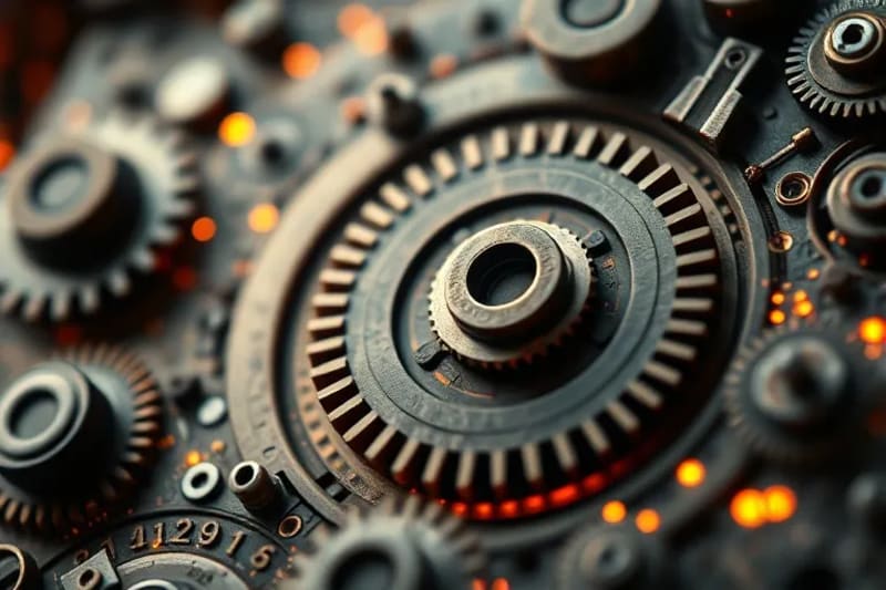 Abstract 3D render of interconnected gears and binary code, symbolizing the foundational impact of early computational pioneers.