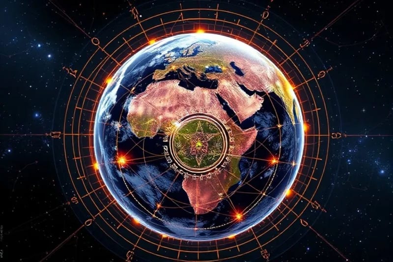 Red energética global con puntos de luz y patrones geométricos