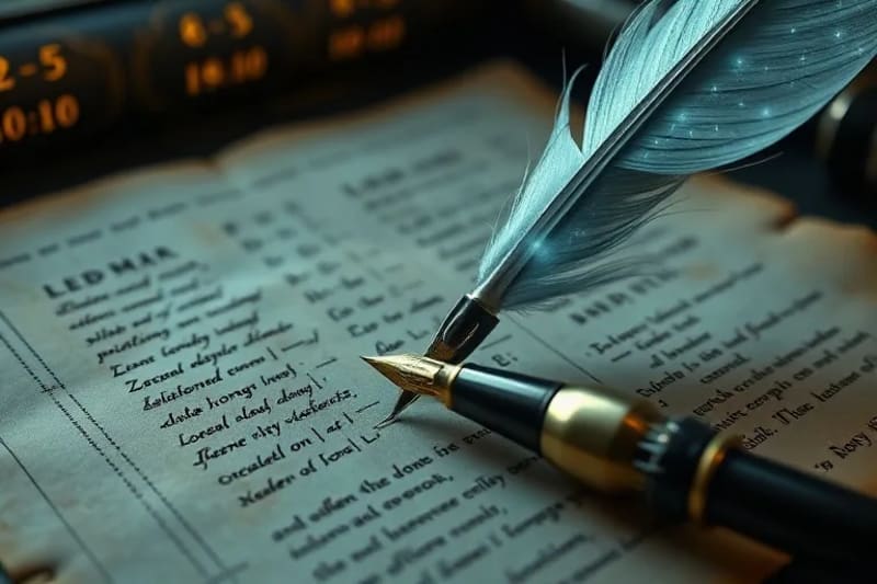 Cinematic close-up of a vintage quill pen on parchment with mathematical equations, evoking intellectual pursuit.