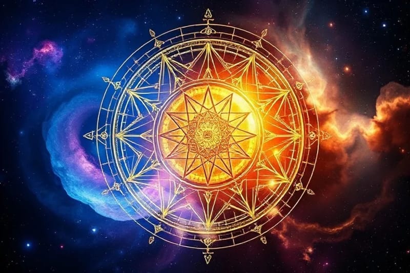 Abstract digital painting of a natal chart as a glowing network, with a vibrant sigil emerging from it.