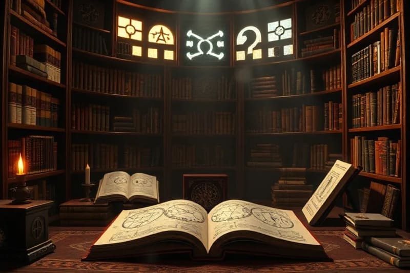Ancient library with books on astrology and esoteric symbols, a box of glowing sigils.