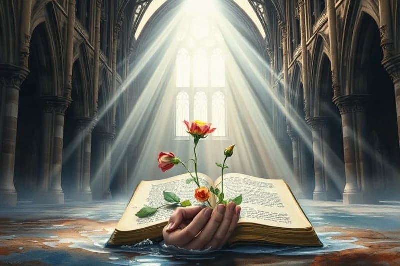 Una flor marchita junto a un libro antiguo abierto, con un fondo abstracto de elementos naturales en desequilibrio, simbolizando la fragilidad de la naturaleza y las advertencias olvidadas.