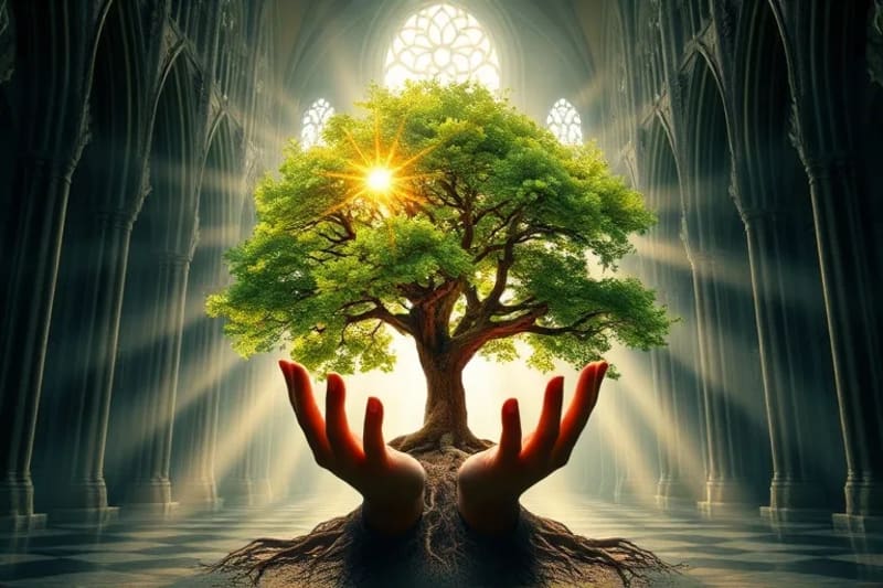 Manos estilizadas que sostienen un árbol vibrante con raíces luminosas, simbolizando la restauración ecológica y la conexión global, con un fondo que transiciona de la oscuridad a la luz.