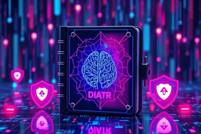 Vector art of a locked digital diary with brain circuit pattern and privacy shields