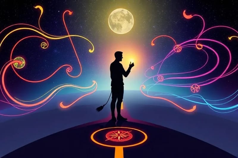 Human silhouette navigating timelines with compass