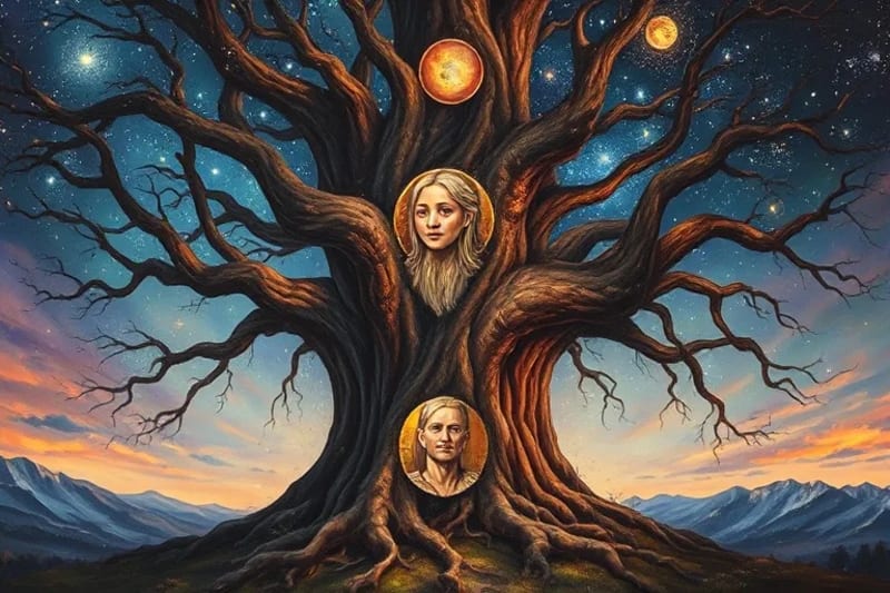 Ancient trees with ancestral faces and cosmic roots