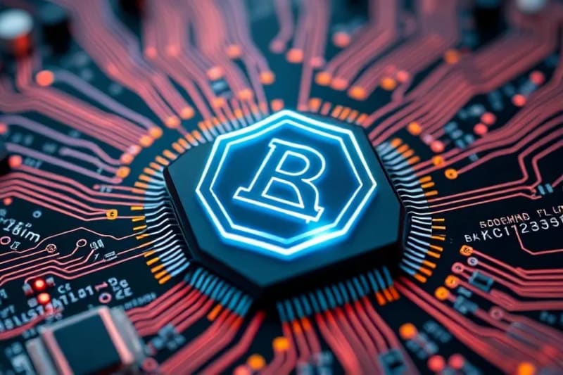 Representación abstracta de la propiedad intelectual en un ecosistema digital, con formas geométricas entrelazadas que simbolizan derechos de autor, marcas y patentes, protegidas por enlaces de blockchain alrededor de un icono central del metaverso.