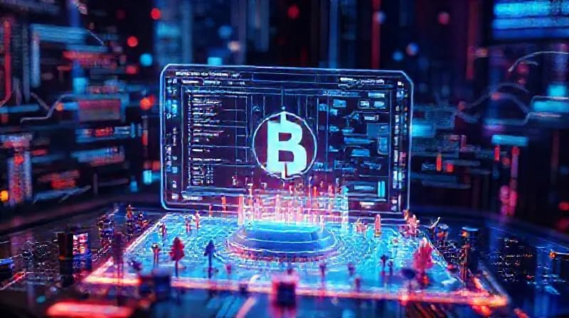 Representación detallada de una interfaz de blockchain en una pantalla holográfica, rodeada de pequeños activos virtuales como un avatar pixelado, una obra de arte digital brillante y el plano de un edificio virtual, con un fondo de oficina futurista.