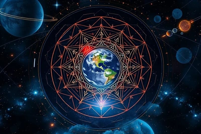 A digital painting of intricate celestial clockwork, planets, and stars orbiting Earth, symbolizing the precise influence of cosmic mechanics on global trends and human collective evolution.
