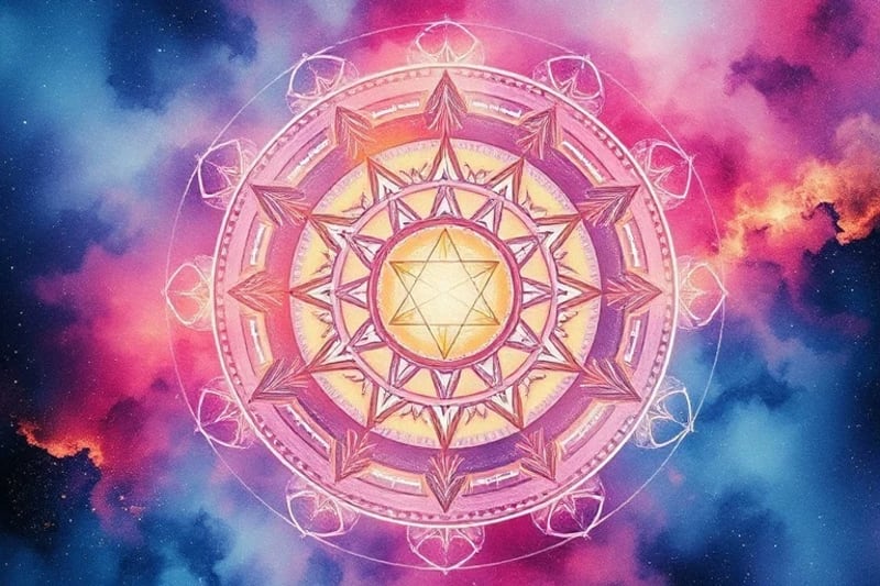 An abstract watercolor painting with blending colors and faint astrological glyphs, symbolizing the fluid nature of collective consciousness and hidden cosmic influences.