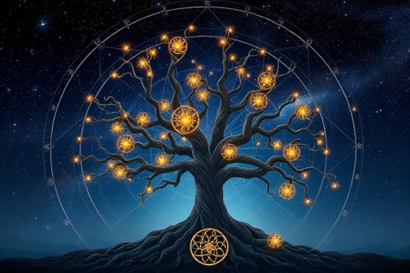 Árbol genealógico estilizado con ramas que simbolizan generaciones y runas luminosas