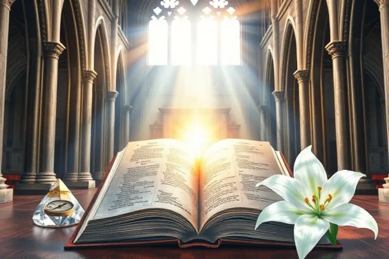Libro abierto con luz, cristal, brújula y lirio blanco, simbolizando conocimiento y dirección