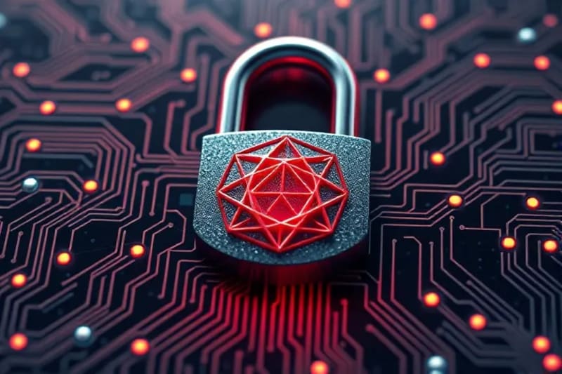 Conceptual 3D render of a quantum-resistant padlock integrated into a circuit board, symbolizing advanced cryptographic protection.