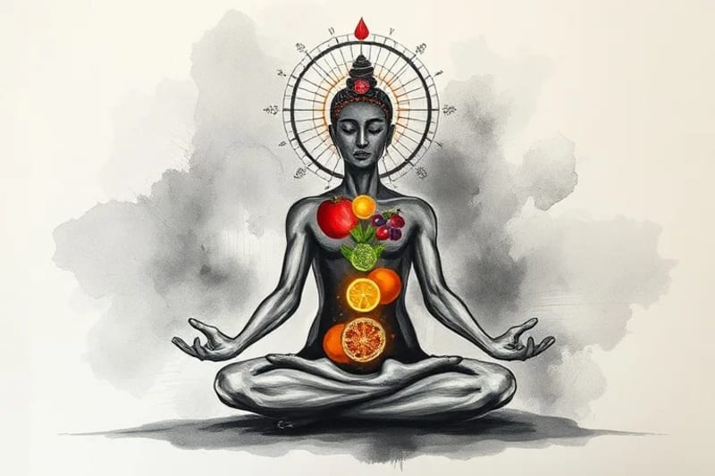 Ilustración acuarela de una figura humana con chakras representados por alimentos de colores vibrantes, simbolizando la nutrición energética.