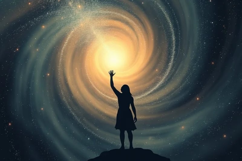 An abstract representation of a soul's journey, with a glowing path leading upwards towards a bright, distant star, symbolizing growth and destiny, contrasted with a fading path behind, all within a nebula.