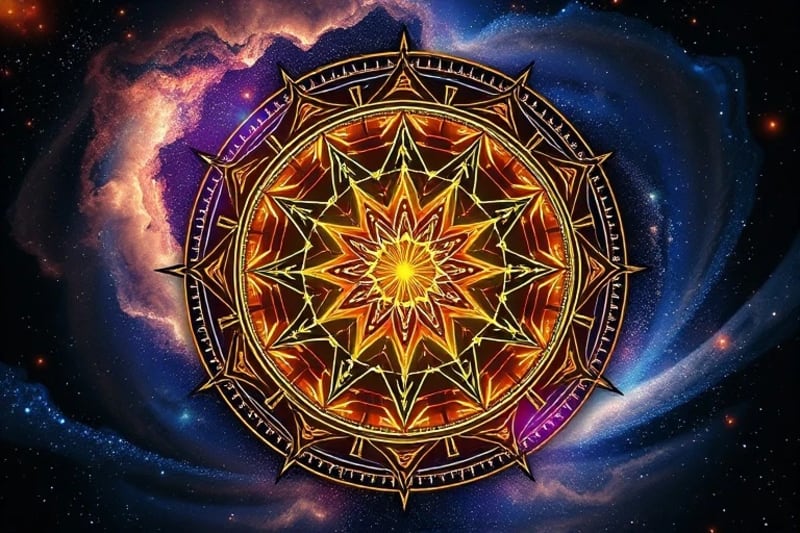 Render 3D de glifos zodiacales abstractos interactuando con diferentes grupos de alimentos, simbolizando la dieta elemental.