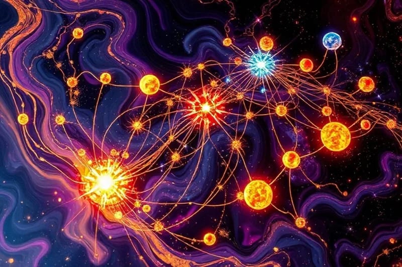 A stylized, ethereal representation of interconnected cosmic threads, glowing with energy, symbolizing the intricate web of karmic connections and the influence of distant stars on individual destinies, set against a dark, starry background.