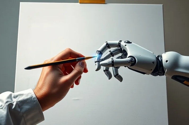 Mano humana y mano robótica colaborando en un lienzo de pintura, simbolizando la fusión de creatividad.