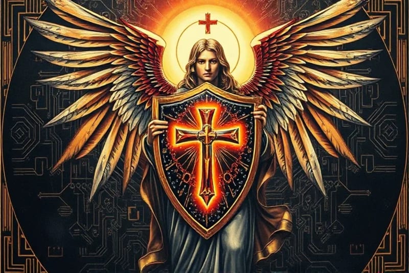 Ilustración digital de un escudo brillante con una cruz, desviando paquetes de datos fragmentados y proyecciones holográficas engañosas. El escudo está rodeado por un aura protectora sutil, con textos antiguos y patrones de circuitos integrados en el fondo, simbolizando la protección espiritual en el ámbito digital.