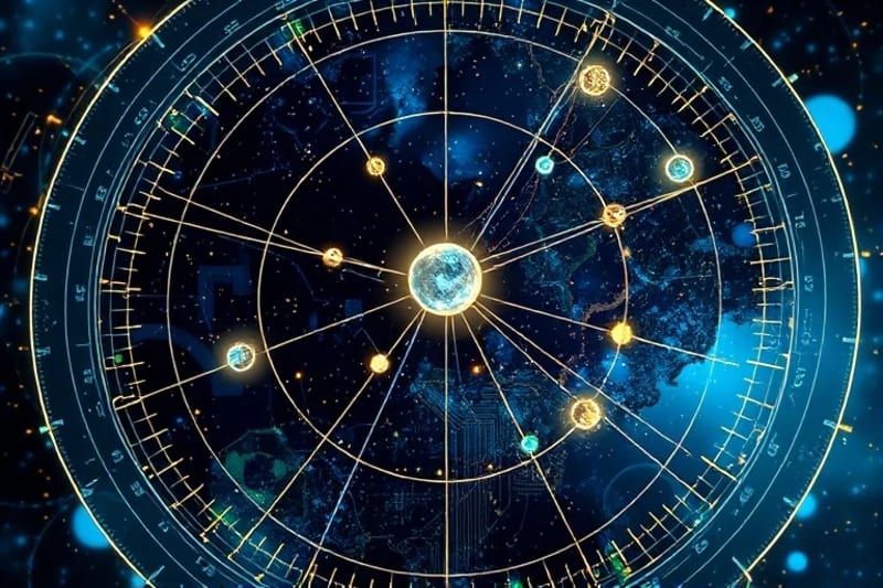Representación abstracta de líneas de tránsito planetario cruzando patrones de circuitos electrónicos, con nodos brillantes y flujos de datos, en tonos azules, verdes y dorados.