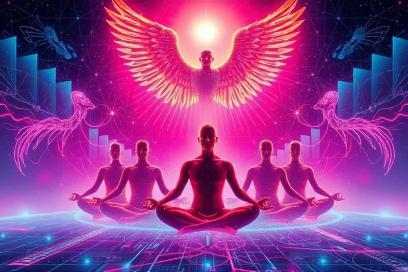Arte vectorial abstracto que muestra figuras humanas interconectadas en meditación, rodeadas por una luz protectora. Arriba, una forma etérea y estilizada similar a un ala, que representa a San Miguel, supervisa la escena. Abajo, líneas enredadas y pantallas rotas simbolizan el fraude digital que se desenreda y sana, ilustrando la resiliencia espiritual colectiva.