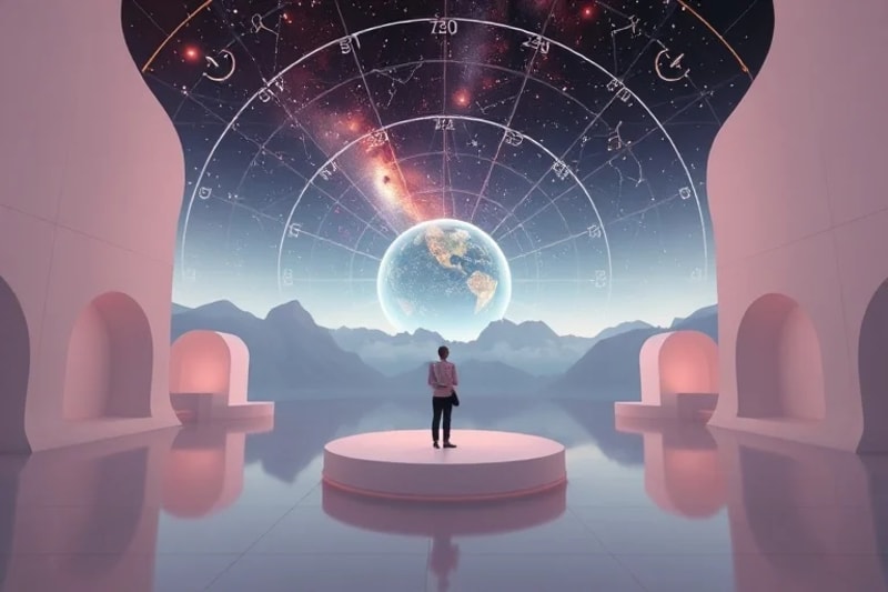 Entorno de realidad virtual estilizado con plataformas flotantes y avatares digitales, con glifos astrológicos sutilmente integrados en la arquitectura y una nebulosa distante en el cielo digital.