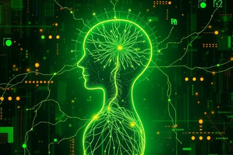 Stylized human silhouette with glowing data streams