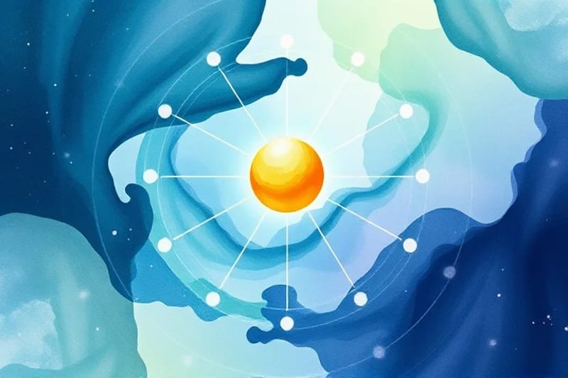 Abstract watercolor of data points and golden orb