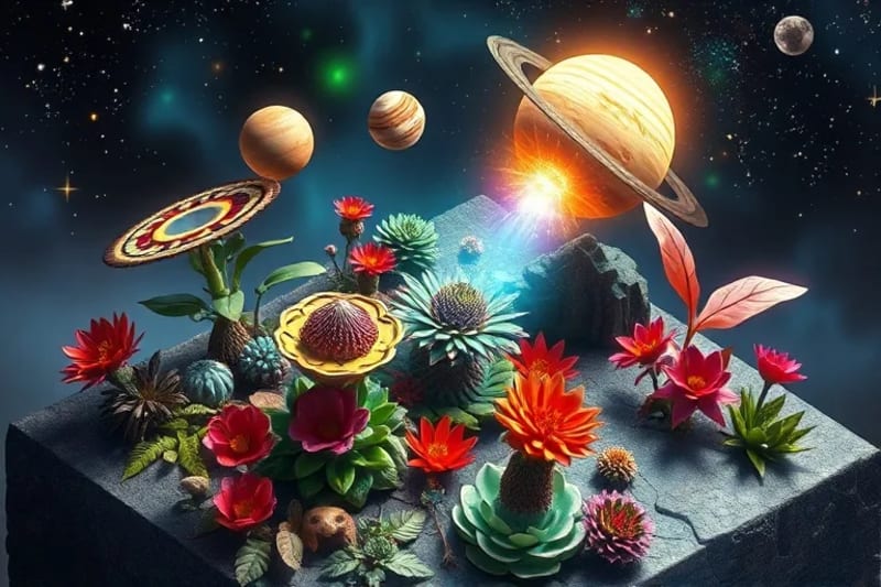 Ilustración digital vibrante que muestra la conexión energética entre planetas y plantas, con rayos de luz conectando sus símbolos.