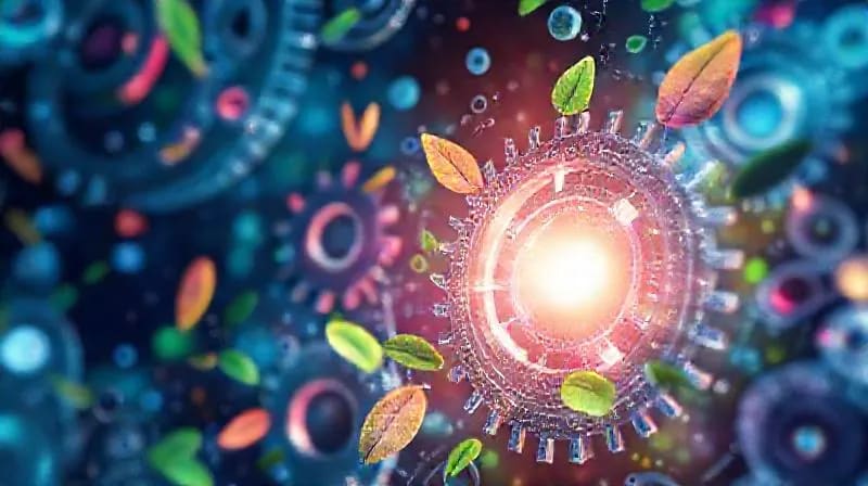 Pintura digital abstracta que representa engranajes interconectados con elementos naturales como hojas y gotas de agua, simbolizando la integración de la industria y la naturaleza en un modelo de negocio circular y regenerativo. La luz emana del centro, evocando innovación.