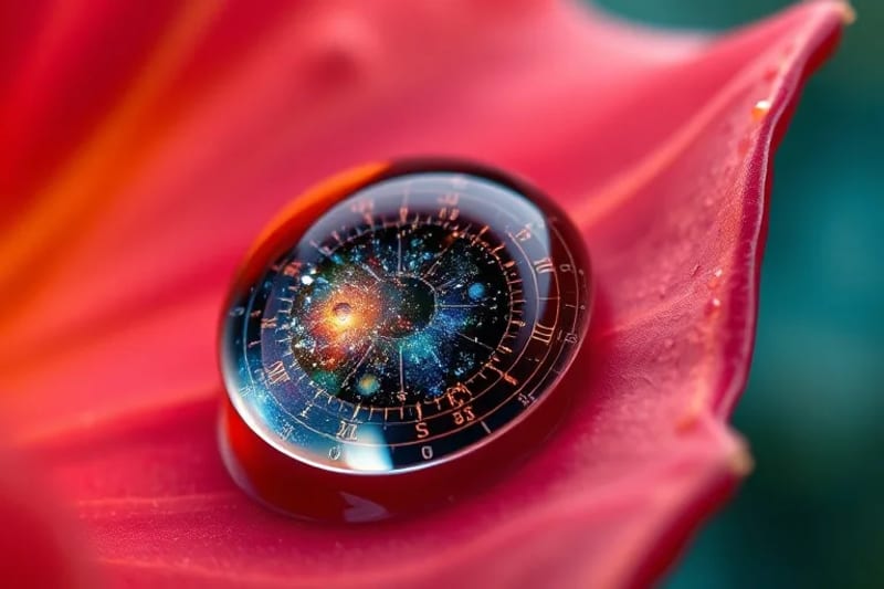 Primer plano extremo de una gota de rocío en un pétalo de planta, reflejando una galaxia en miniatura.