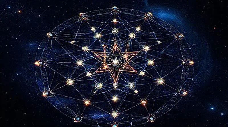 Abstract vector art of interconnected human figures forming a global network, with geometric AI patterns flowing between them against a swirling galaxy background.