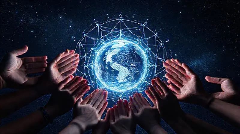 3D render of a holographic globe projected from a minimalist AI device, showing data flows and astrological symbols, with diverse hands gently interacting.