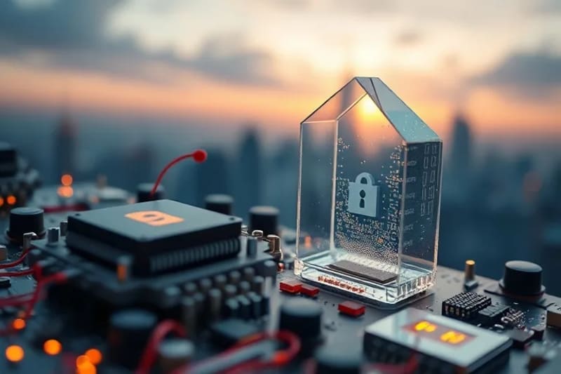 Estructura cristalina transparente de un libro mayor digital, con luz que la atraviesa e ilumina tokens y puntos de datos, rodeada de elementos abstractos de confianza y seguridad.