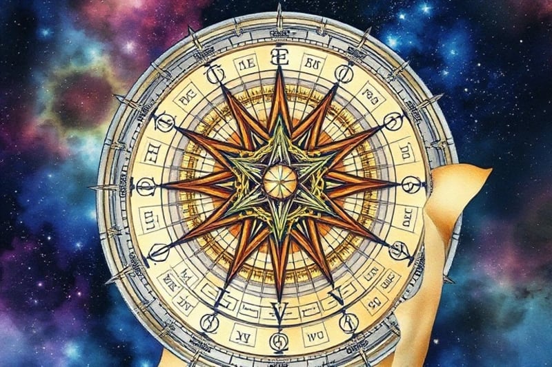 Watercolor painting of an ancient astrolabe, compass, and parchment with astrological symbols, illuminated by soft light.