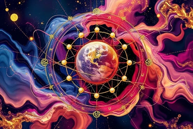 3D render of abstract cosmic energy flows and planetary connections within a vibrant celestial sphere, symbolizing optimal alignment.