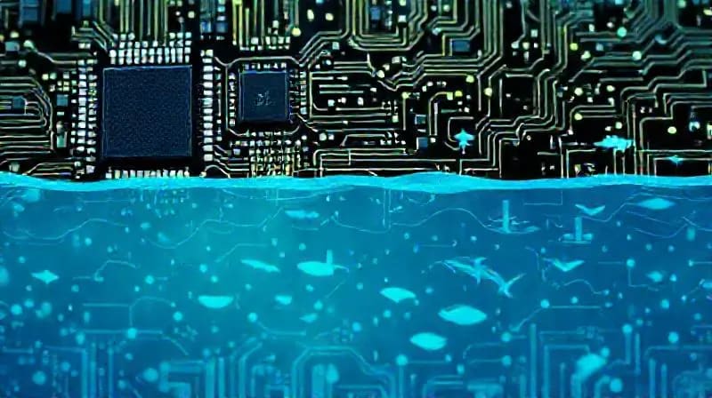 Abstract vector art of data flowing over an ocean with marine life silhouettes
