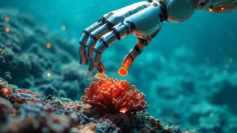 3D render of a robotic arm planting coral with glowing data streams